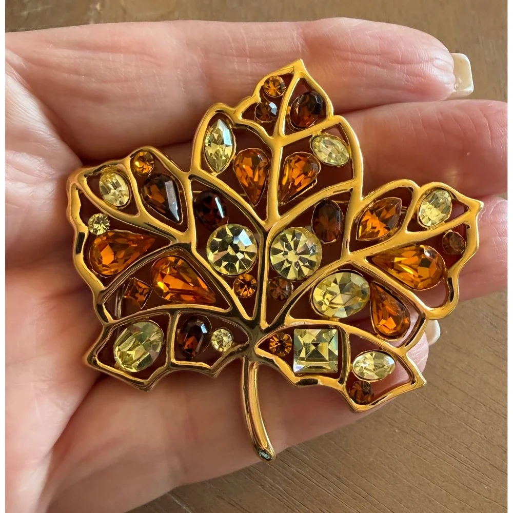 Nolan Miller Maple Leaf Brooch Citrine Amber Crystal Rhinestones
